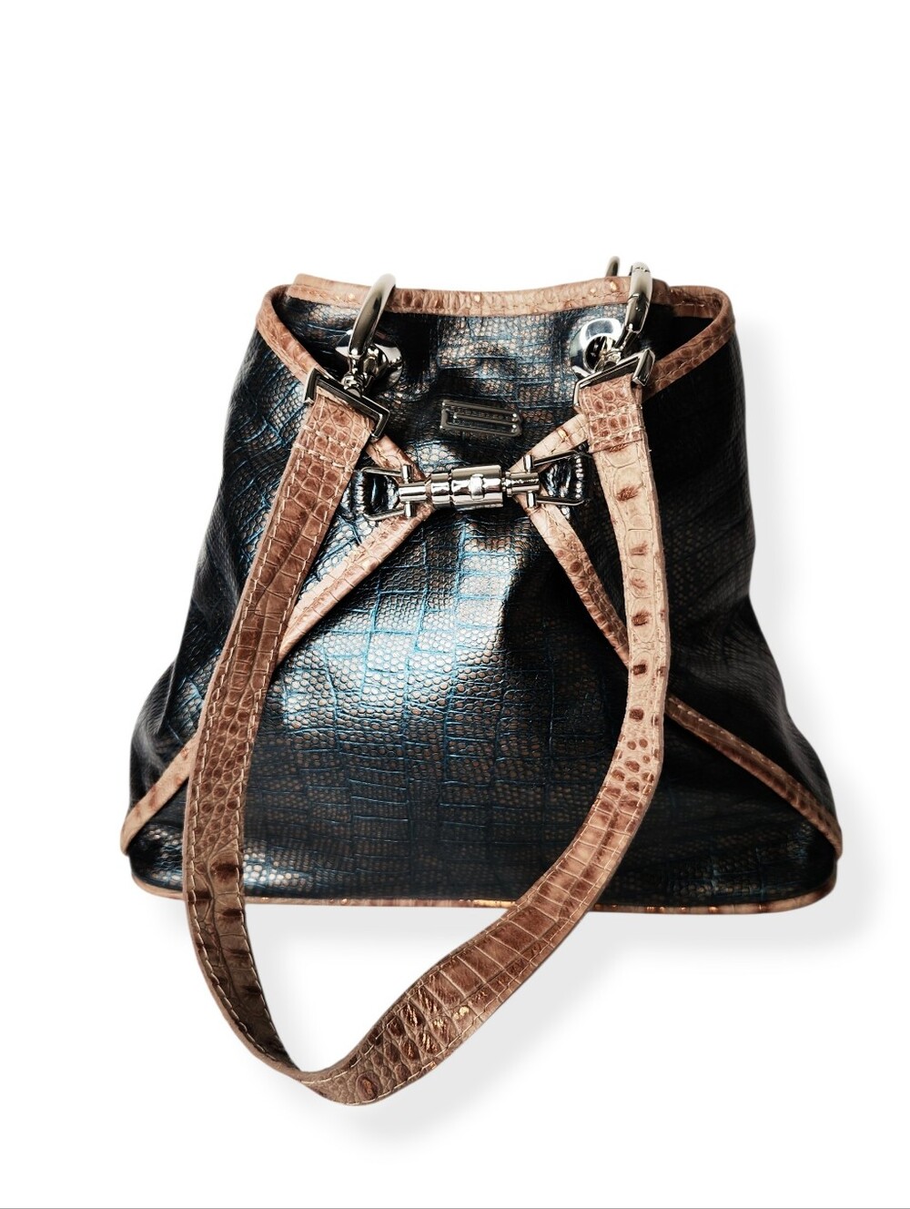BSwanky Sophie Black Tan Croc Embossed Leather Artisan Convertible Bag Backpack